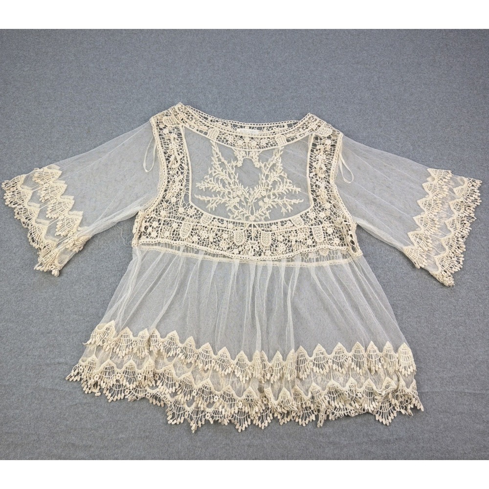 Rebellion Crochet & Sheer Mesh Top 2X Ivory Scalloped 3/4 Bell Sleeve Victorian